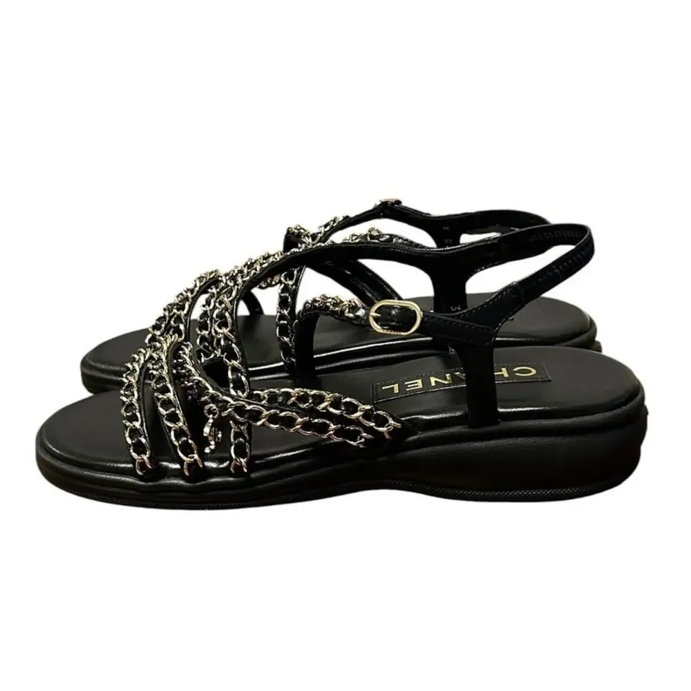 Chanel Black Gold Lambskin Leather Chain Slingback Sandals Womens 39 / US 9
